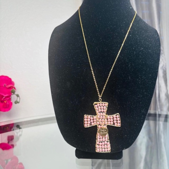 Handmade Swarovski Crystals Pearls Cross Long Necklace "Trust in the Lord" - Picture 2 of 2